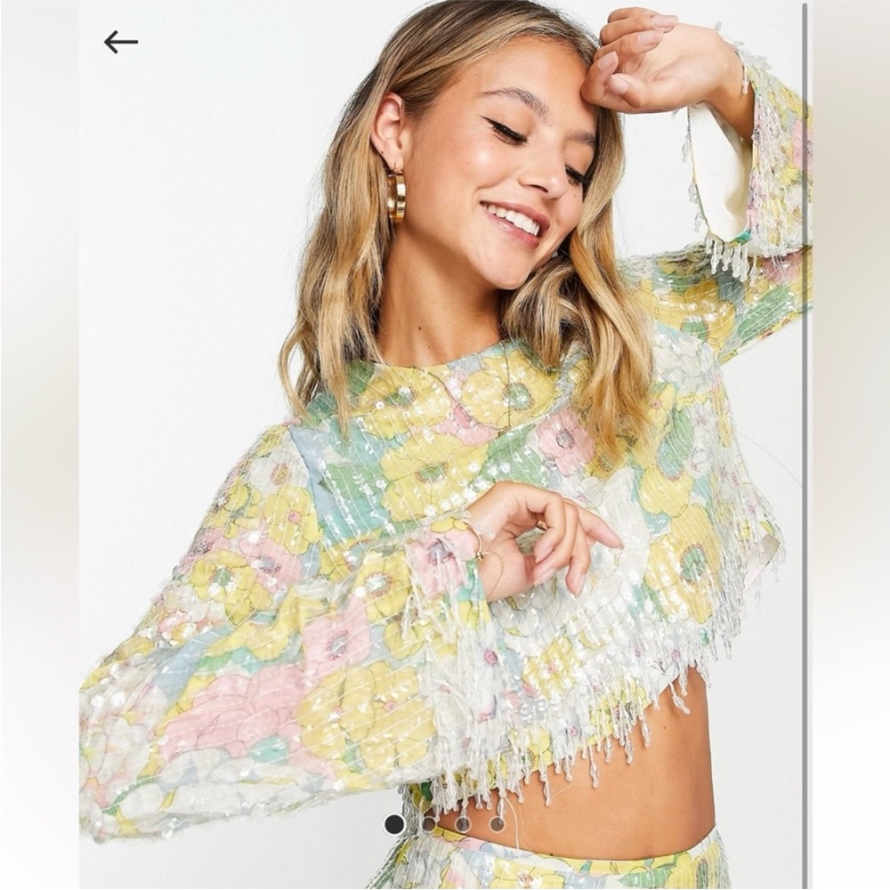 ASOS EDITION pastel floral print and sequin long sleeve top with fringe